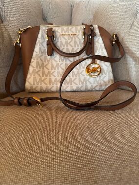 Michael Kors Brown & Beige Signature Dome Satchel with Gold Hardware
